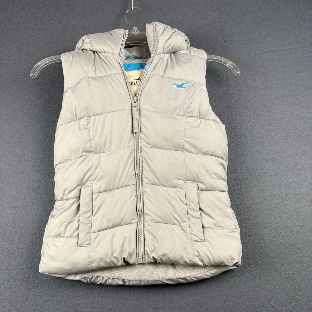 HOLLISTER Girls Puffer Size XS Gray Hoodie Zipper Pockets Warm Fleece Lined